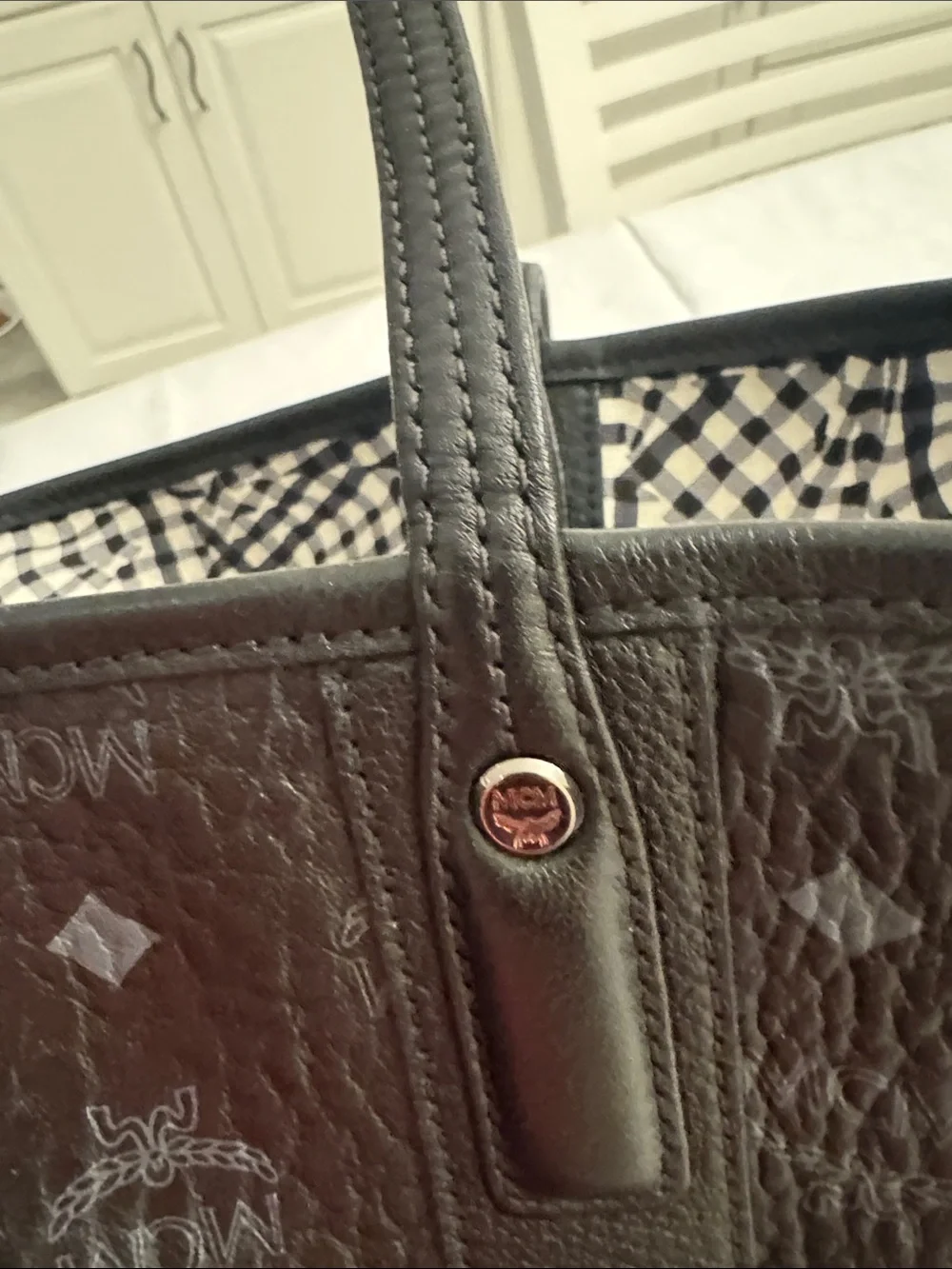 MCM Black Leather Duffel Tote with Removable Pouch
